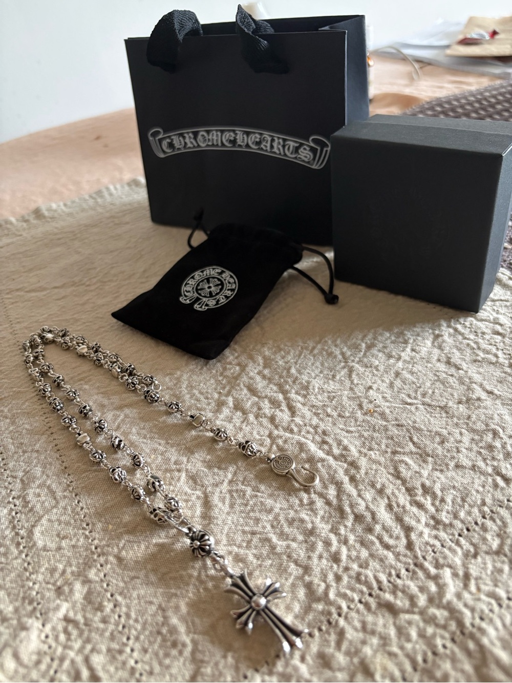 Chrome Hearts Multi Motif Rosary Necklace Sterling Silver Cross Pendant